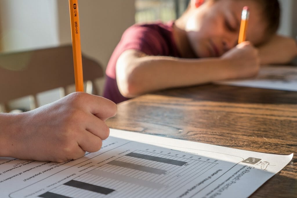 boys doing homework with pencils